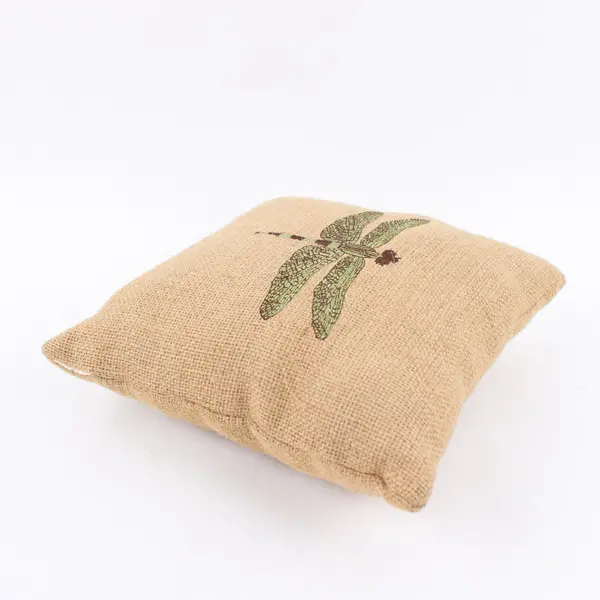 Small Embroidered Dragonfly Burlap Throw Pillow 9.5 x 9.5 in