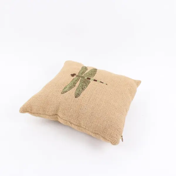 Small Embroidered Dragonfly Burlap Throw Pillow 9.5 x 9.5 in
