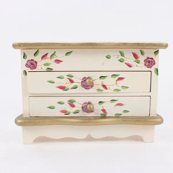 Hand Painted Floral Design Dresser Style Jewelry Box with Mirror