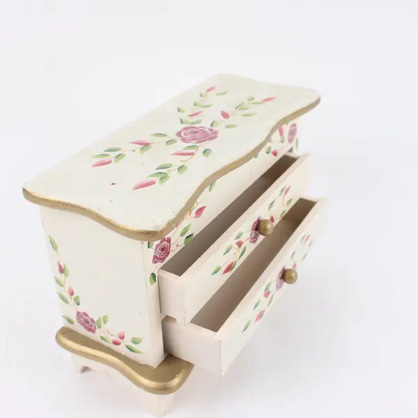 Hand Painted Floral Design Dresser Style Jewelry Box with Mirror