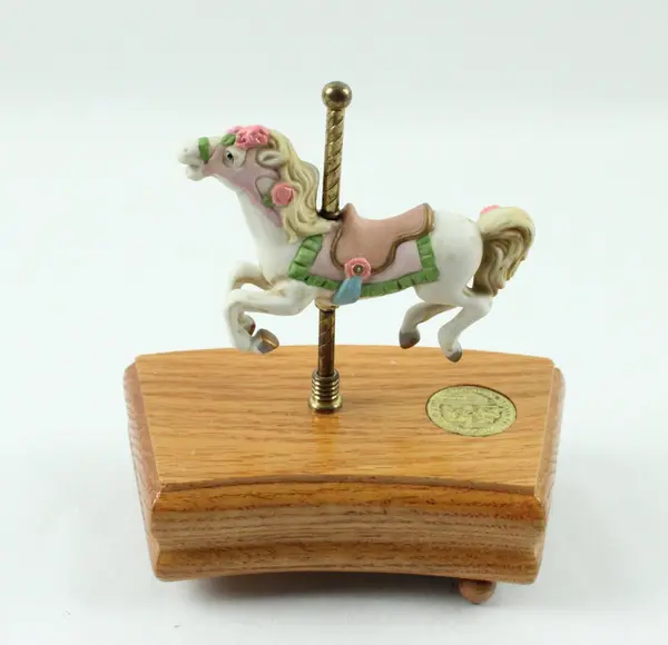 Carousel Horse Music Box Wooden Base White Pink Decorative Figurine