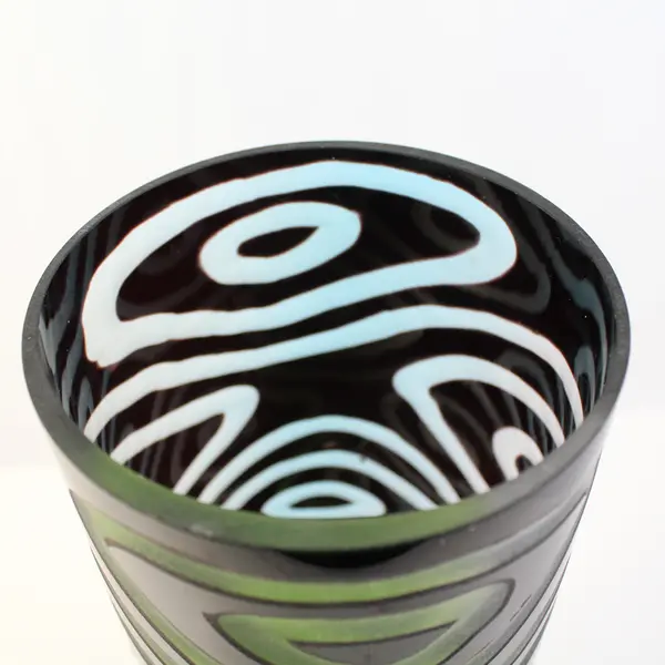 Large Black Glass Vase With Gray Swirls 16"