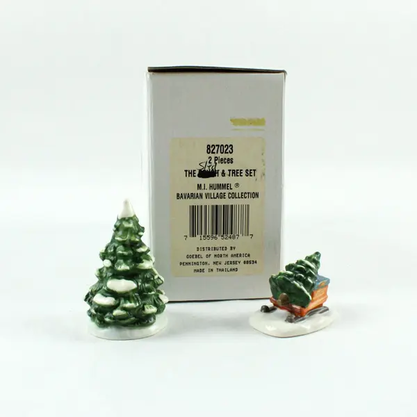 M.I. Hummel Bavarian Village Sled & Tree Set 827023 2 Pc Ceramic