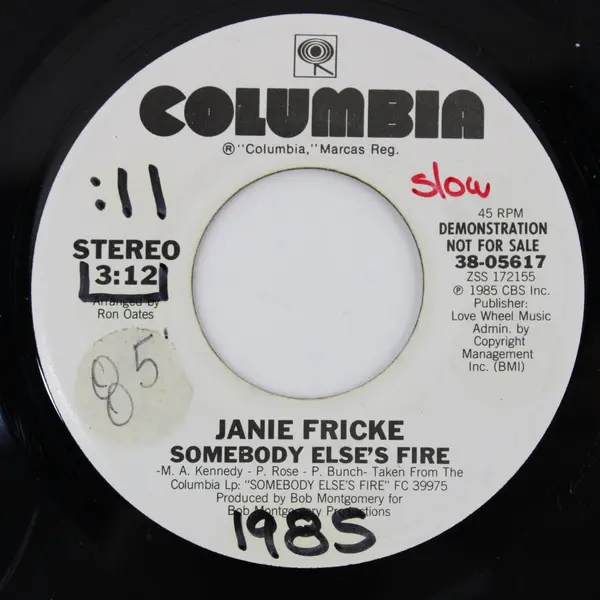 Janie Fricke Somebody Else's Fire 1985 Columbia Promo Demo 45 RPM 7" Single
