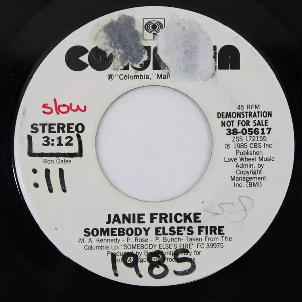 Janie Fricke Somebody Else's Fire 1985 Columbia Promo Demo 45 RPM 7" Single