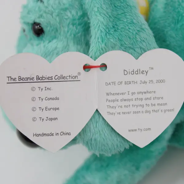 TY Beanie Babies Diddley 2001 Mint Green Dog Plush With Tag Retired