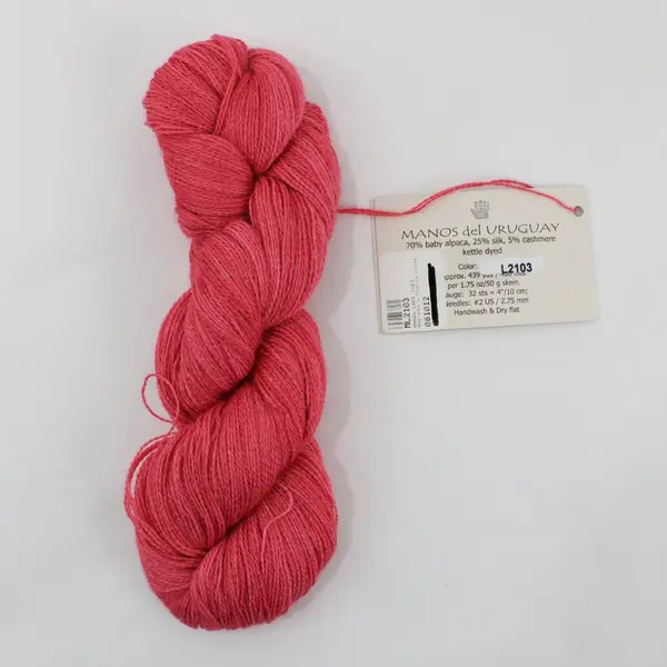 Skein of Manos del Uruguay Lace Yarn Pink, Baby Alpaca/Silk/Cashmere 439 yds. 