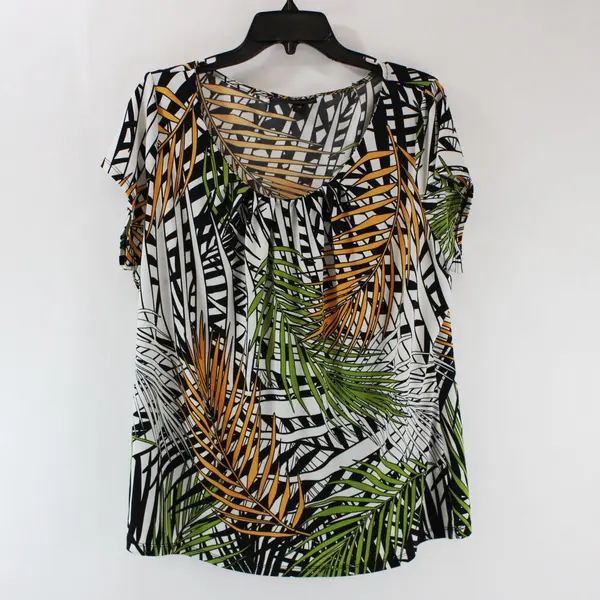 Worthington Women's 1X Palm Leaf Print Short Sleeve Top Multicolor