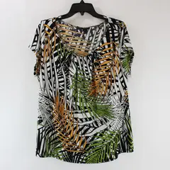 Worthington Women's 1X Palm Leaf Print Short Sleeve Top Multicolor