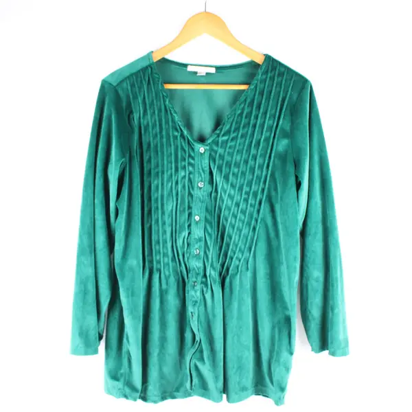Woman Within Green Velour Button-Up Top Women's Medium 14/16 Long Sleeve