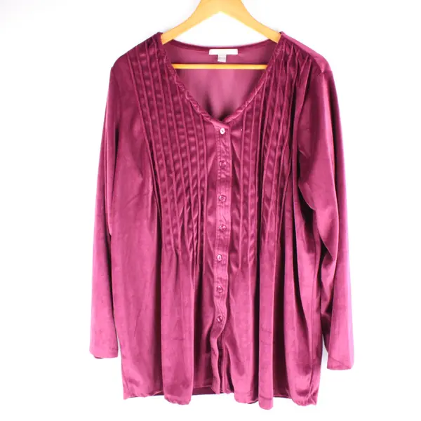 Woman Within Women's L 18/20 Purple Velour Button-Up Top Long Sleeve