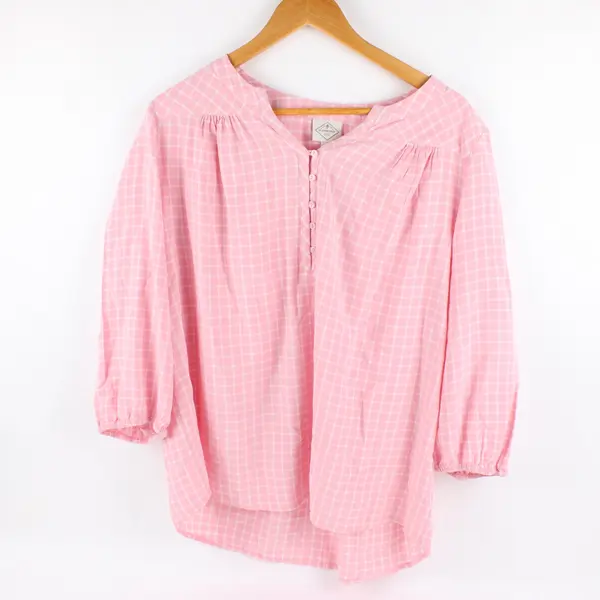 St. John's Bay Women's XL Pink White Grid Print 3/4 Sleeve Blouse
