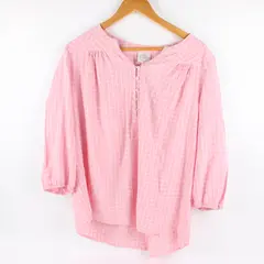 St. John's Bay Women's XL Pink White Grid Print 3/4 Sleeve Blouse