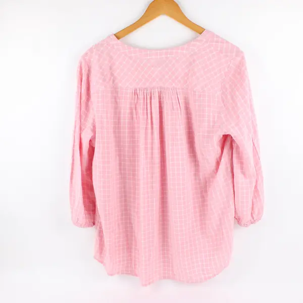 St. John's Bay Women's XL Pink White Grid Print 3/4 Sleeve Blouse