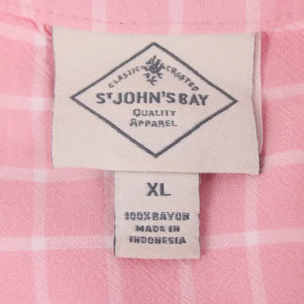 St. John's Bay Women's XL Pink White Grid Print 3/4 Sleeve Blouse