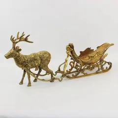 Vintage Solid 5 Piece Brass Christmas Sleigh And Reindeer Figurine 