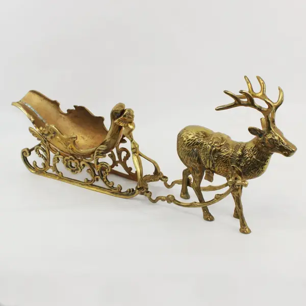 Vintage Solid 5 Piece Brass Christmas Sleigh And Reindeer Figurine 
