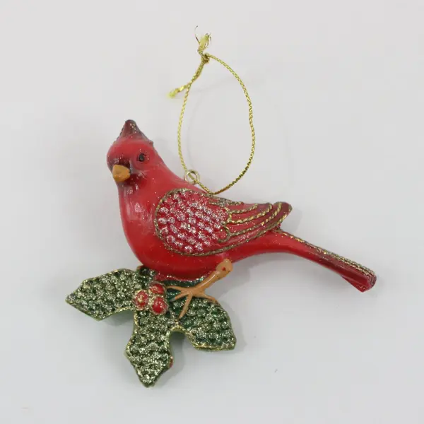 Red Cardinal Christmas Ornament Glittered Holly Leaves Hanging Decor