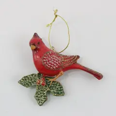Red Cardinal Christmas Ornament Glittered Holly Leaves Hanging Decor