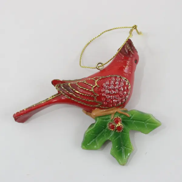 Red Cardinal Christmas Ornament Glittered Holly Leaves Hanging Decor