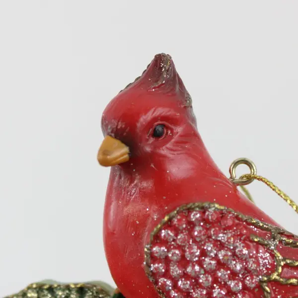 Red Cardinal Christmas Ornament Glittered Holly Leaves Hanging Decor