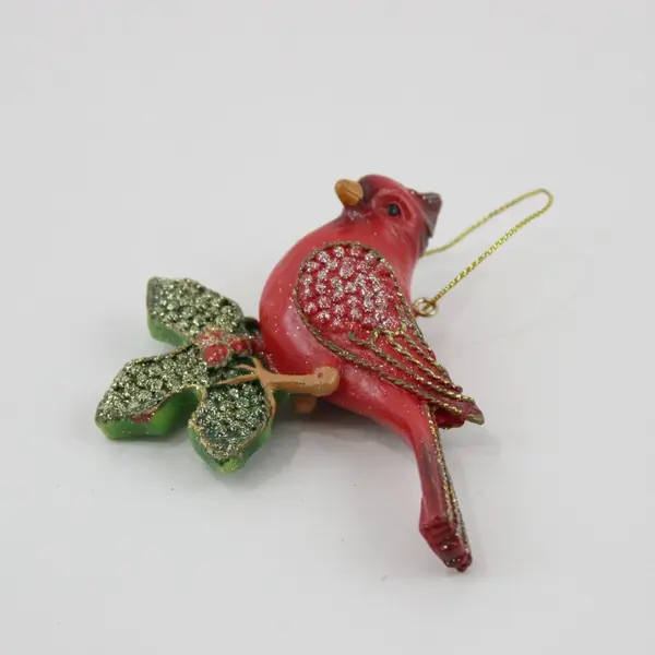 Red Cardinal Christmas Ornament Glittered Holly Leaves Hanging Decor