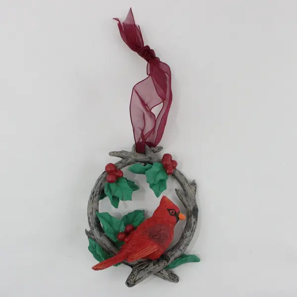 Ceramic Cardinal Wreath Christmas Hanging Ornament Red Green