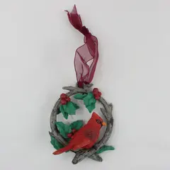 Ceramic Cardinal Wreath Christmas Hanging Ornament Red Green