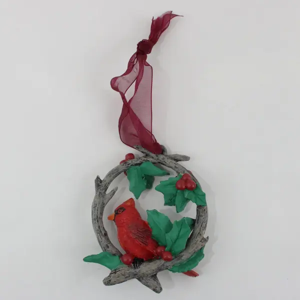 Ceramic Cardinal Wreath Christmas Hanging Ornament Red Green