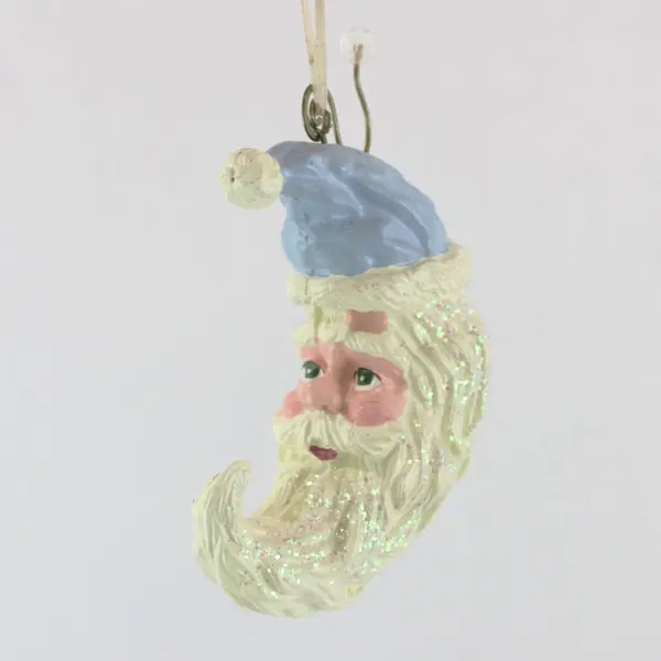Crescent Moon Santa Claus Christmas Tree Ornament Glitter Beard Blue Hat