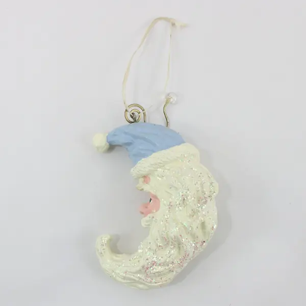 Crescent Moon Santa Claus Christmas Tree Ornament Glitter Beard Blue Hat