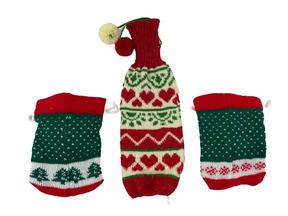 Lot of 3 Holiday Knit Wine Gift Bags Santa Snowman Geometric Design Xmas