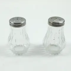 Lot of 2 Ribbed Glass Seasoning Shakers Silver Tone Lids Parmesan Red Pepper