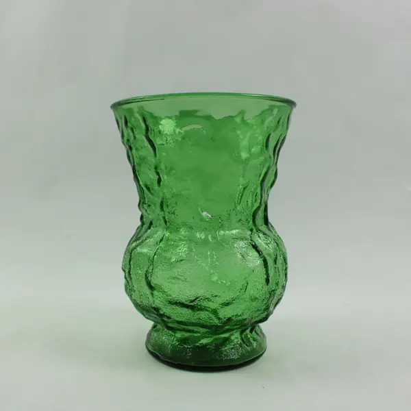 Emerald Green Crinkle Glass Sculptural Textured Vase 7.75 in