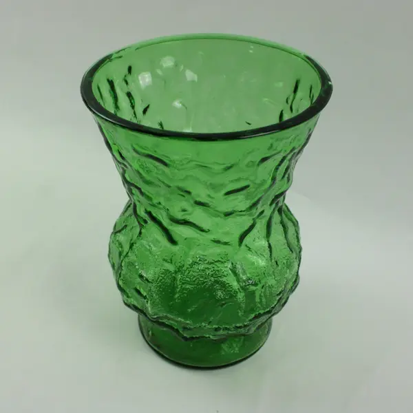 Emerald Green Crinkle Glass Sculptural Textured Vase 7.75 in