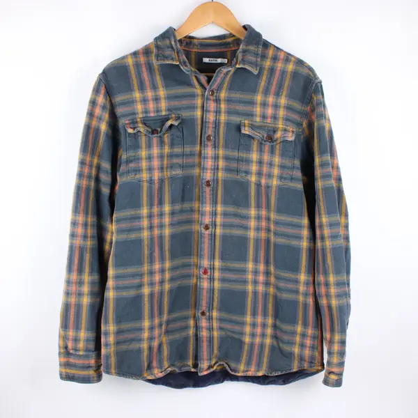 Katin Men's Large Plaid Button-Up Shirt Gray Orange Yellow Long Sleeve