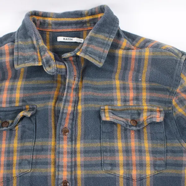 Katin Men's Large Plaid Button-Up Shirt Gray Orange Yellow Long Sleeve