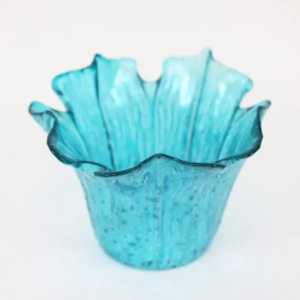 Blue Art Glass Ruffled Edge Candle Holder