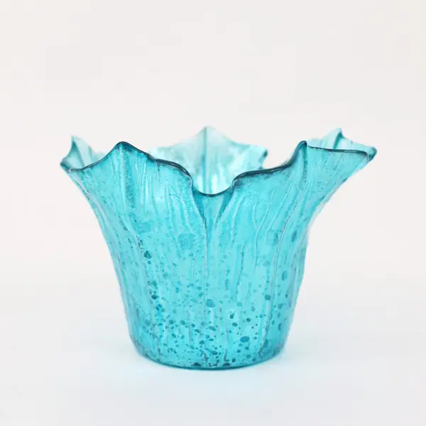 Blue Art Glass Ruffled Edge Candle Holder