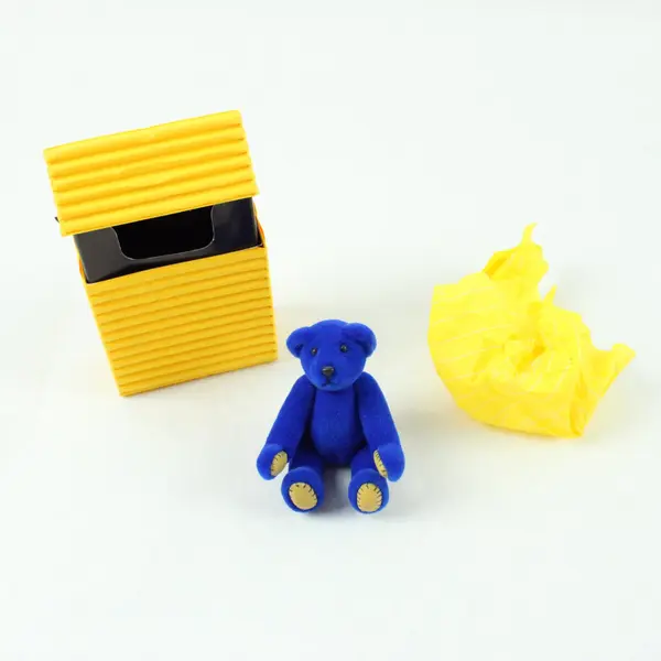 Small Blue Velveteen Jointed Teddy Bear in Yellow Box