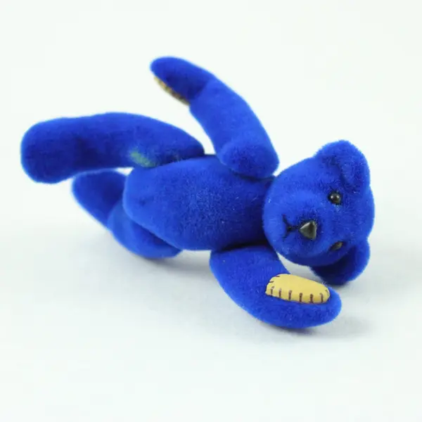 Small Blue Velveteen Jointed Teddy Bear in Yellow Box