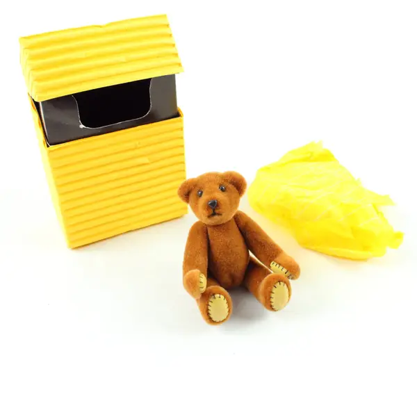 Brown Velveteen Jointed Teddy Bear in Yellow Box