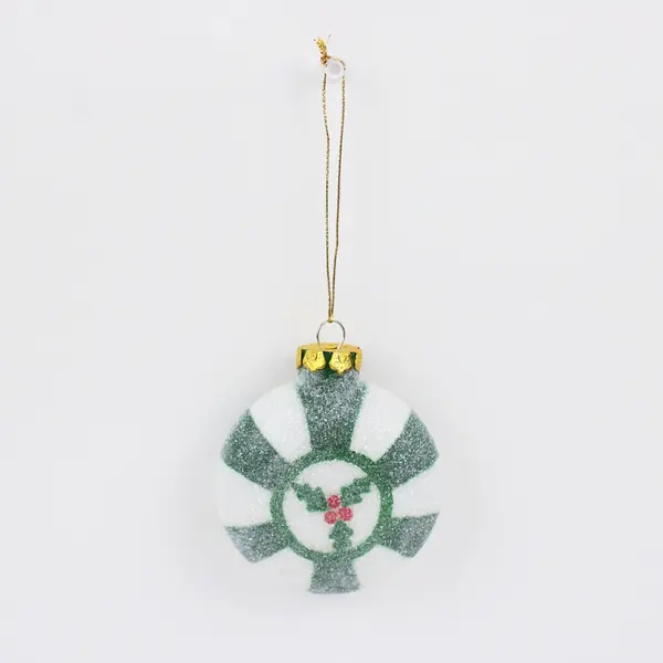 Round Christmas Ornament Holly & Red Berries Center White Green Stripes Glitter