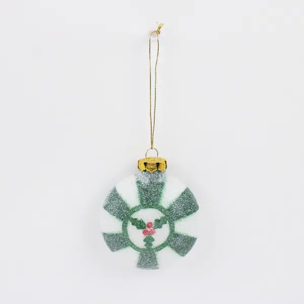 Round Christmas Ornament Holly & Red Berries Center White Green Stripes Glitter