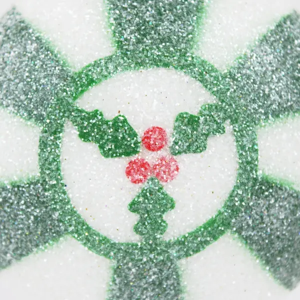 Round Christmas Ornament Holly & Red Berries Center White Green Stripes Glitter