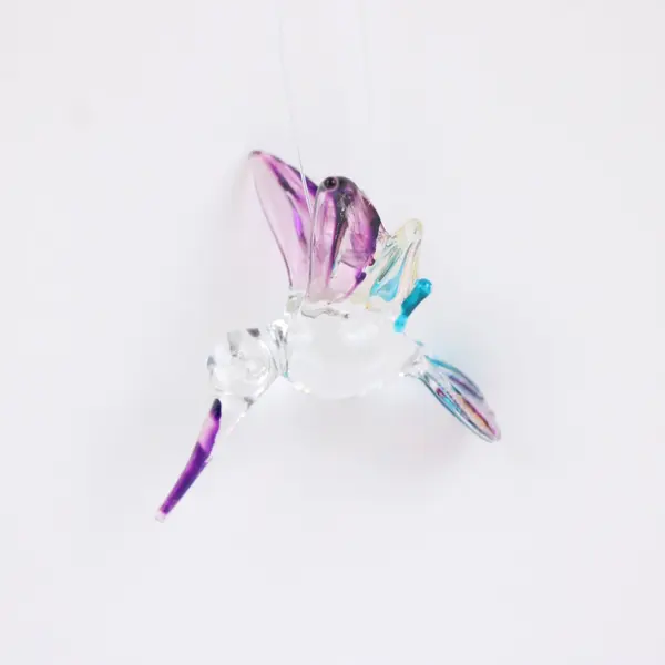 Hand-Blown Glass Hummingbird Ornament Clear Purple Turquoise 2.5 Inch