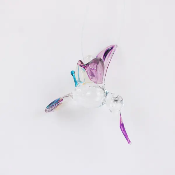 Hand-Blown Glass Hummingbird Ornament Clear Purple Turquoise 2.5 Inch