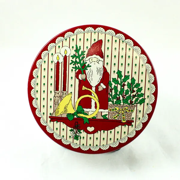 Santa Claus Cookie Storage Tin Fitted Lid 1988, 8" Round