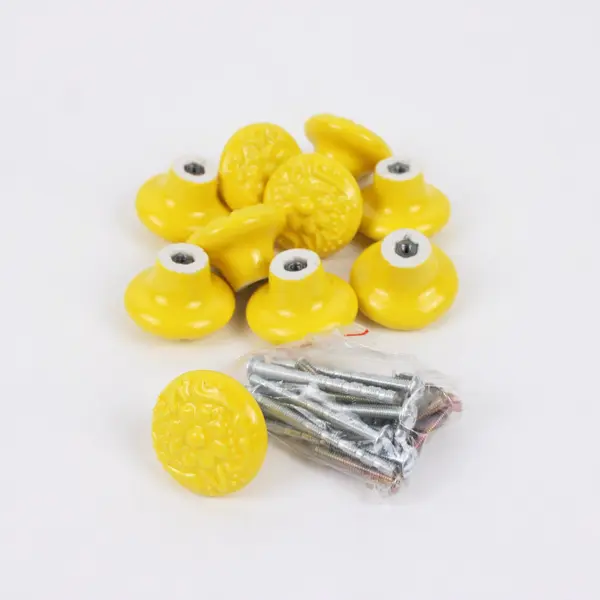 Set of 10 Floral Yellow Ceramic Drawer Knobs 34mm Cabinet Pulls