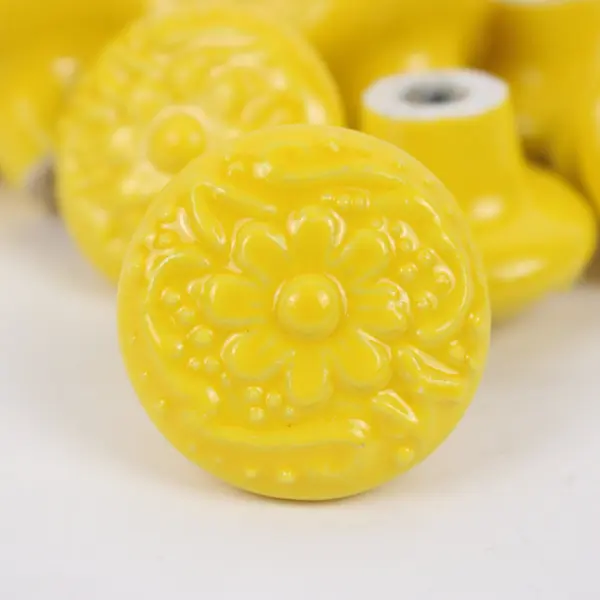 Set of 10 Floral Yellow Ceramic Drawer Knobs 34mm Cabinet Pulls